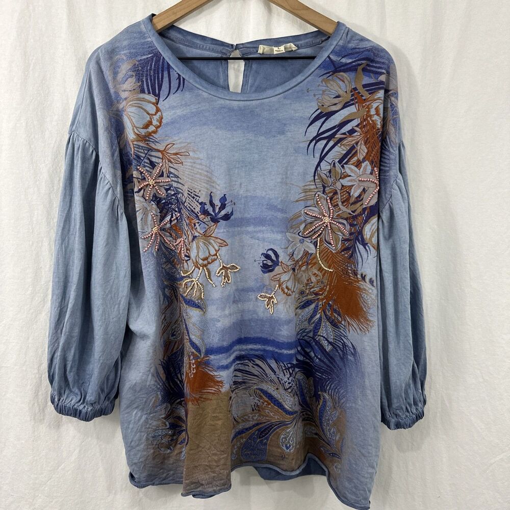 Farmers Market Beach Coastal Beaded Cotton 3/4 Sleeve Peasant Top Womens Sz L